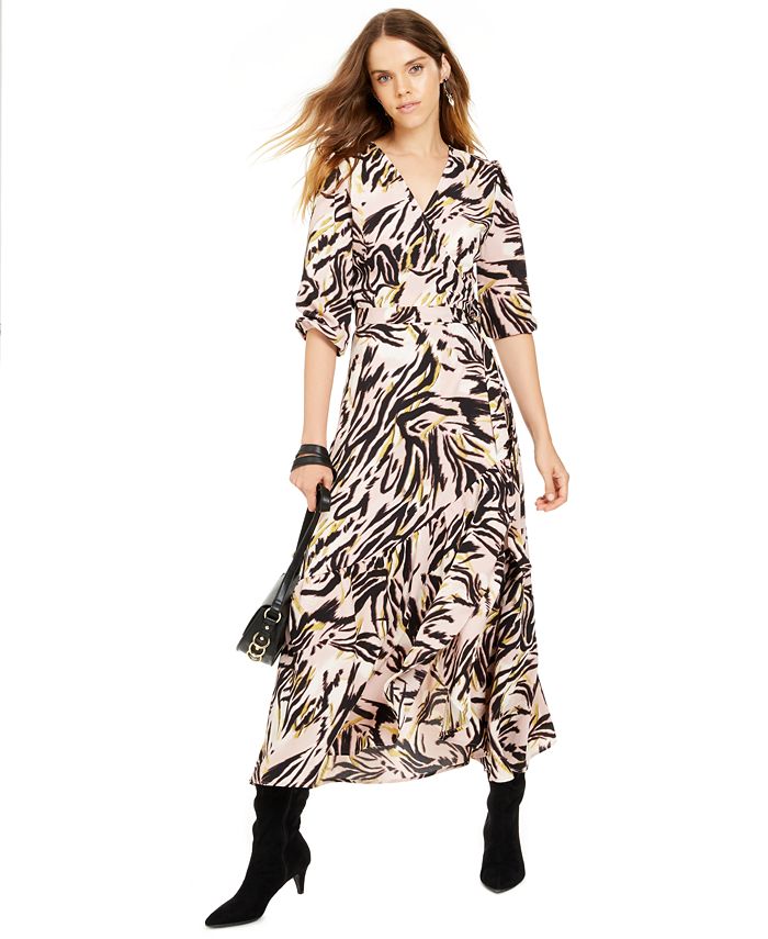 Vestido longo com estampa animal feminina Bar III, manga 3/4, decote em V, rosa, tamanho XXS
