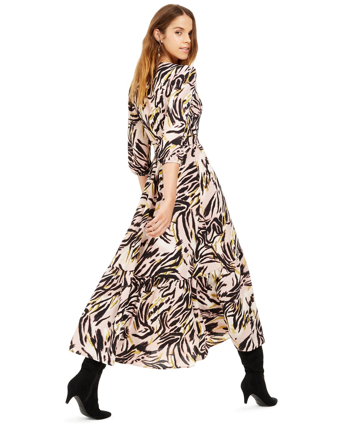 Vestido longo com estampa animal feminina Bar III, manga 3/4, decote em V, rosa, tamanho XXS