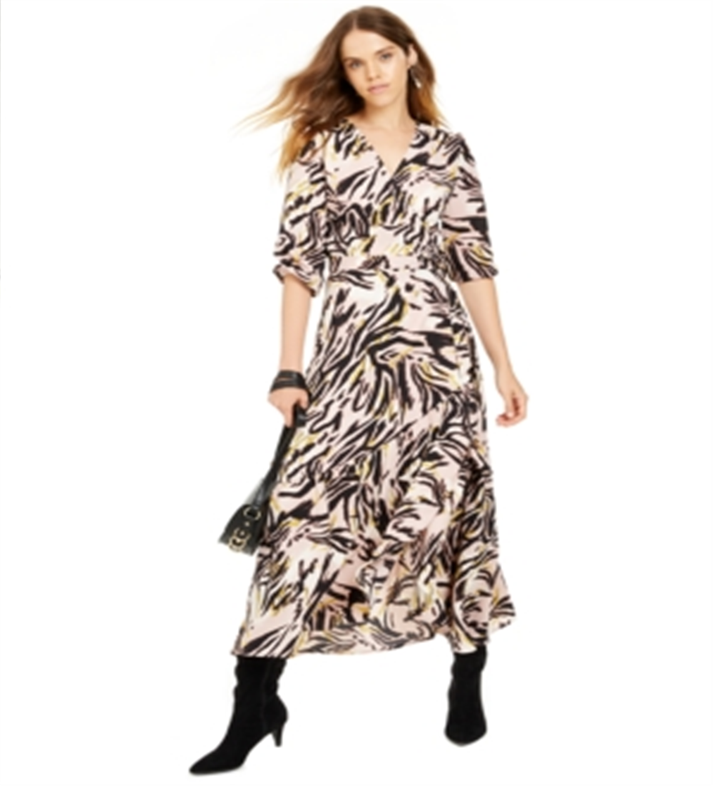 Vestido longo com estampa animal feminina Bar III, manga 3/4, decote em V, rosa, tamanho XXS