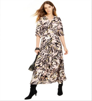 Vestido longo com estampa animal feminina Bar III, manga 3/4, decote em V, rosa, tamanho XXS