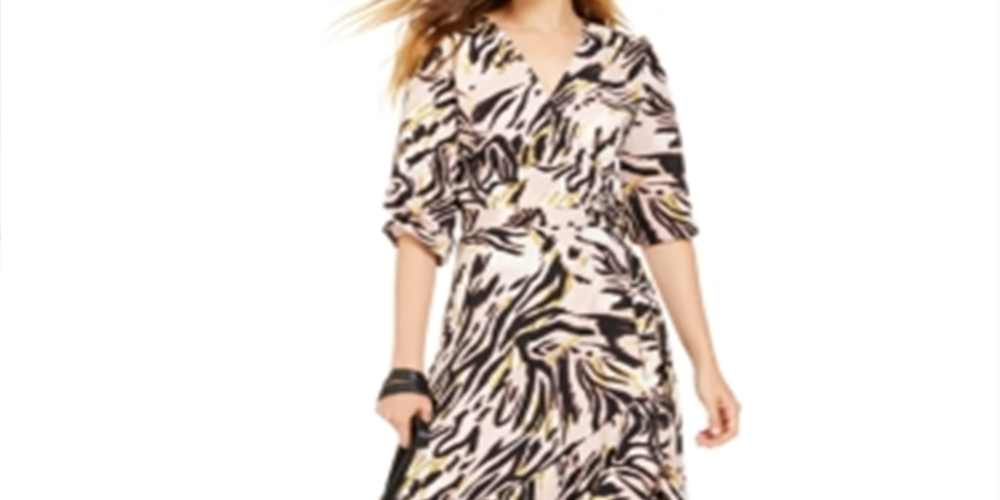 Vestido longo com estampa animal feminina Bar III, manga 3/4, decote em V, rosa, tamanho XXS