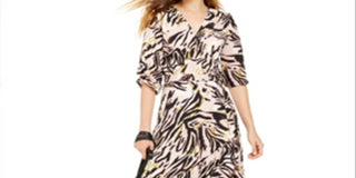 Vestido longo com estampa animal feminina Bar III, manga 3/4, decote em V, rosa, tamanho XXS