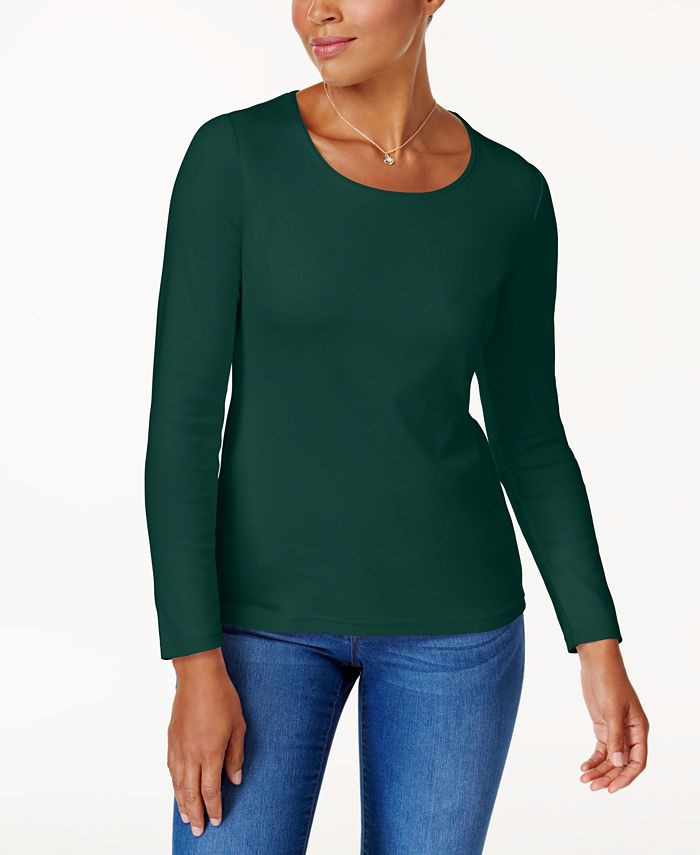 Karen Scott Blusa feminina de algodão com decote redondo, azul, tamanho pequeno G