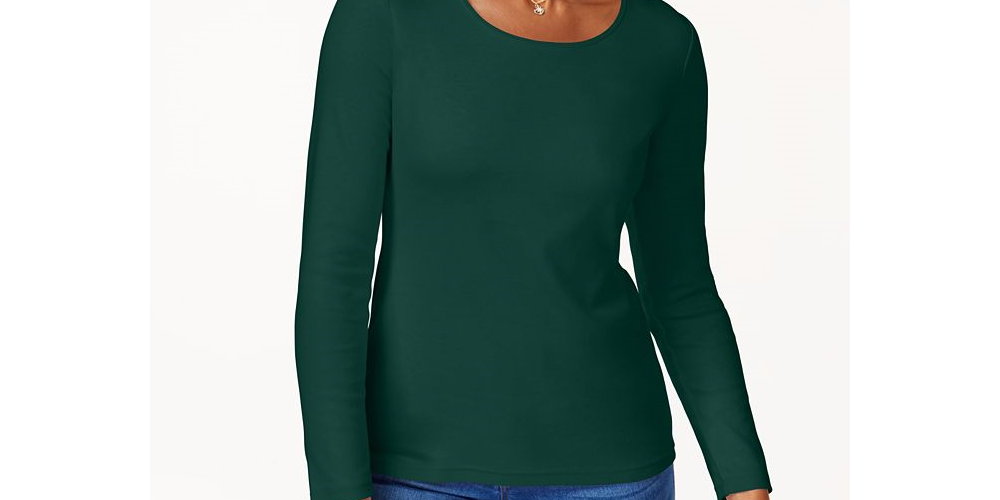 Karen Scott Blusa feminina de algodão com decote redondo, azul, tamanho pequeno G