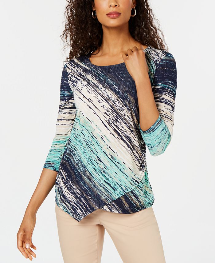 JM Collection Blusa assimétrica estampada feminina azul tamanho grande