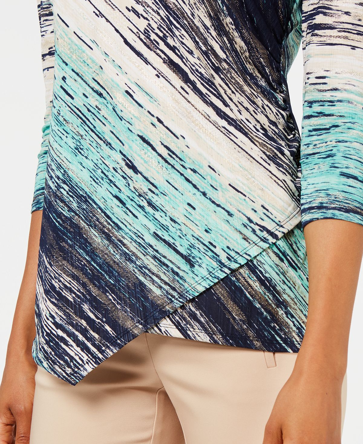 JM Collection Blusa assimétrica estampada feminina azul tamanho grande