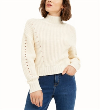 Suéter feminino Bar III de manga comprida e gola alta, tamanho grande, creme