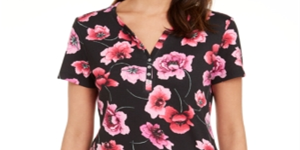 Karen Scott Top Henley Estampado Feminino Preto Tamanho Grande