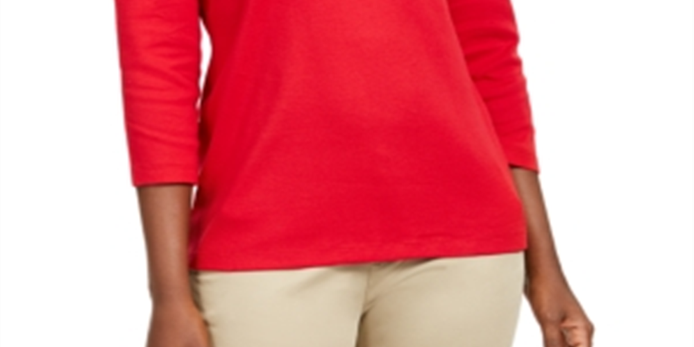Camiseta feminina Karen Scott lisa com manga 3/4, vermelha, tamanho pequeno, extragrande