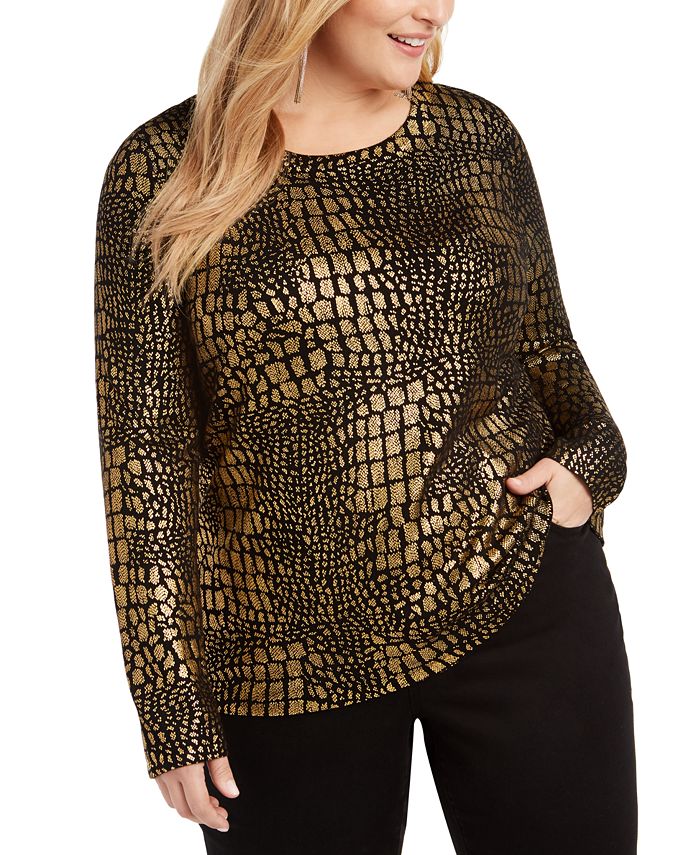 Suéter feminino com estampa de crocodilo INC International Concepts, dourado e preto, tamanho 0X