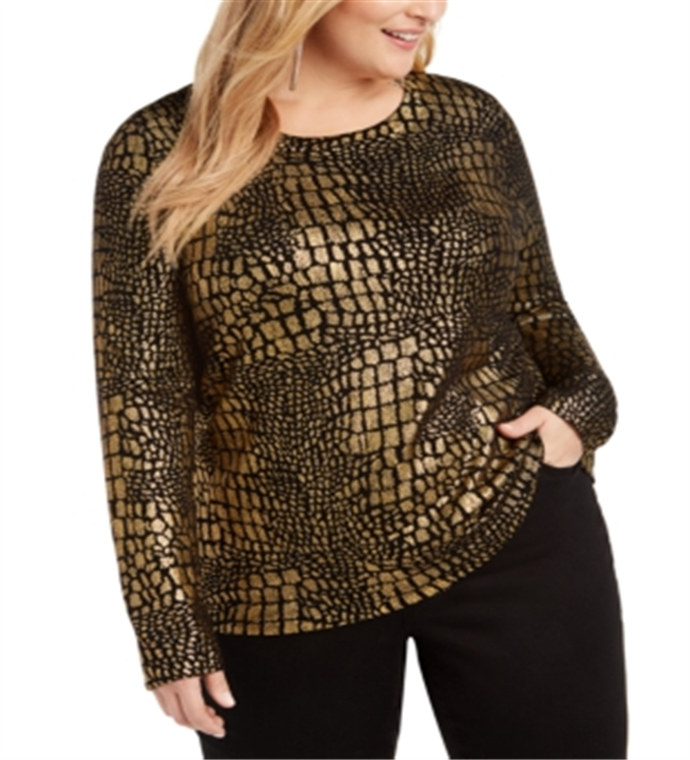 Suéter feminino com estampa de crocodilo INC International Concepts, dourado e preto, tamanho 0X