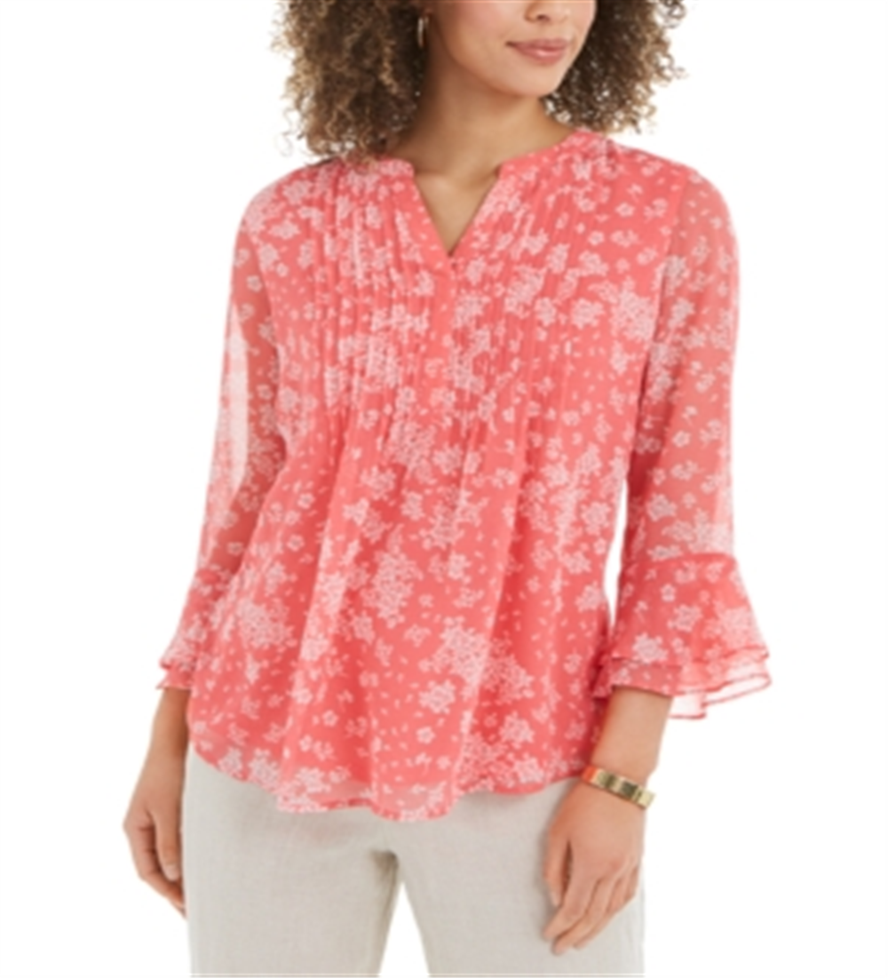 Blusa feminina Charter Club com estampa de pintuck e mangas com babados, vermelha, tamanho P