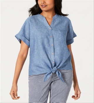 Charter Club Women's Linen Tie Front Shirt Blue Size Petite Small