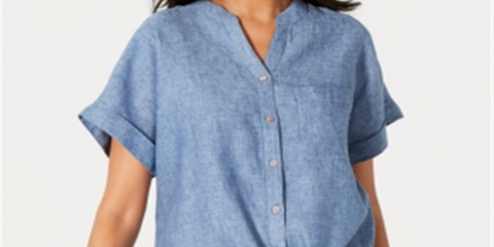 Camisa feminina Charter Club de linho com amarração frontal, azul, tamanho pequeno e pequeno