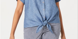 Charter Club Women's Linen Tie Front Shirt Blue Size Petite Small