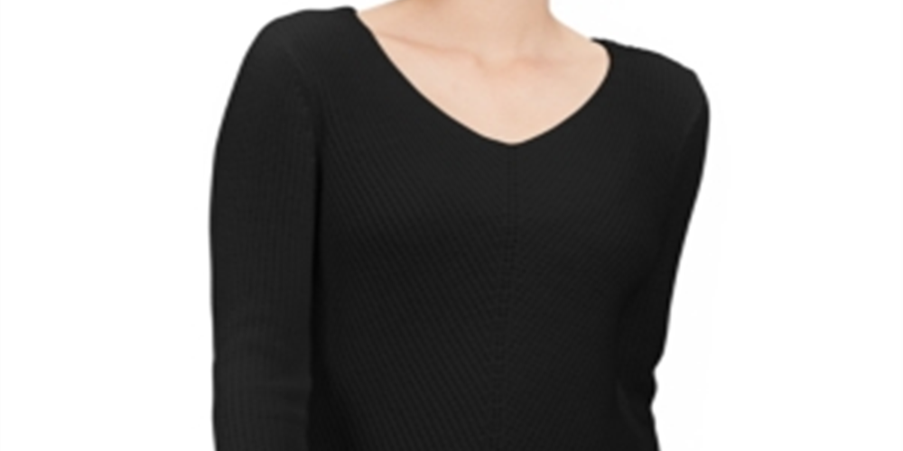 Suéter feminino de malha canelada de algodão com decote em V, preto, tamanho XX-G