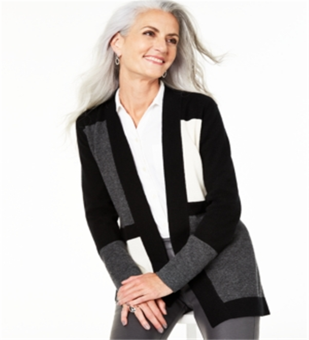 Cardigan feminino de cashmere puro com blocos de cores Charter Club, preto clássico, tamanho pequeno GG