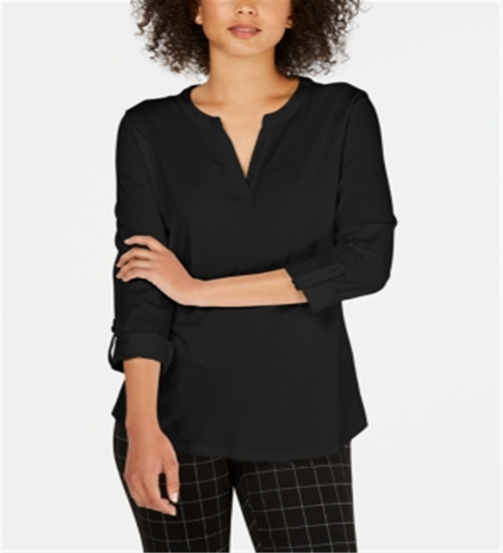 Charter Club Supima Cotton Top Feminino com Gola Dividida, Preto, Tamanho X-G