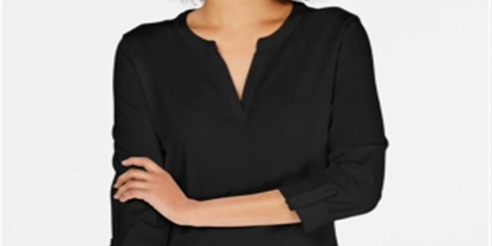 Charter Club Supima Cotton Top Feminino com Gola Dividida, Preto, Tamanho X-G