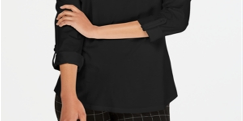 Charter Club Supima Cotton Top Feminino com Gola Dividida, Preto, Tamanho X-G