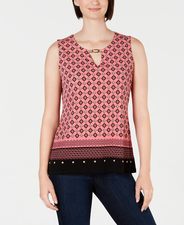 Top feminino estampado com decote em V, tamanho P, rosa, Charter Club