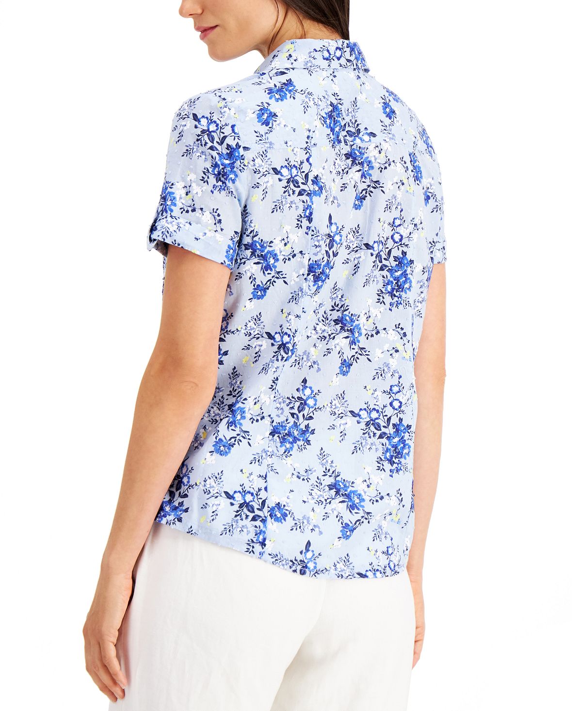 Camisa de algodão feminina Karen Scott Tuscan Garden, azul, tamanho pequeno grande