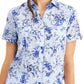 Camisa de algodão feminina Karen Scott Tuscan Garden, azul, tamanho pequeno grande