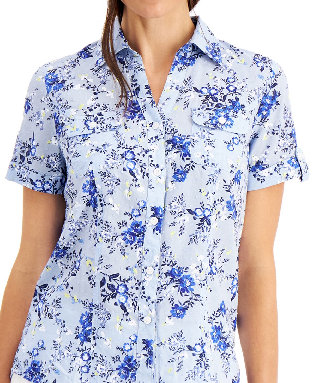 Camisa de algodão feminina Karen Scott Tuscan Garden, azul, tamanho pequeno, extragrande