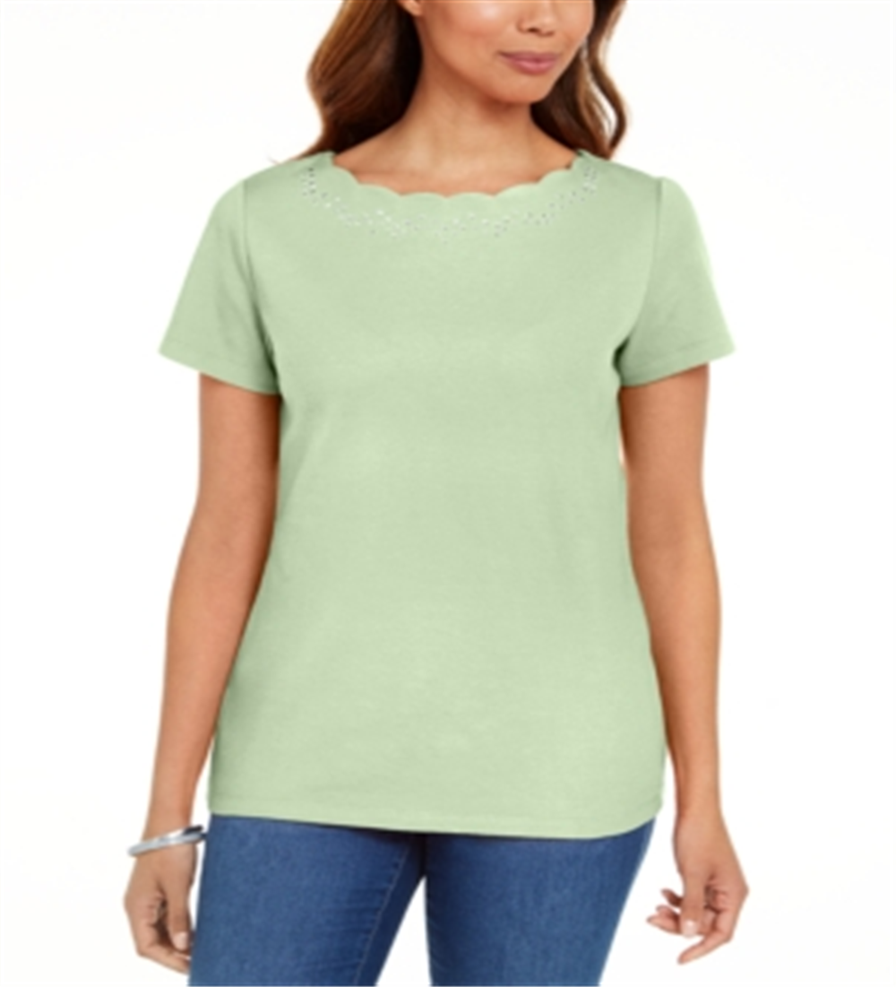 Camiseta feminina Karen Scott de algodão com gola recortada, verde, tamanho XS