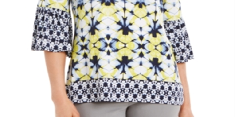 JM Collection Blusa feminina estampada com ombros descobertos, azul, tamanho pequeno, extragrande