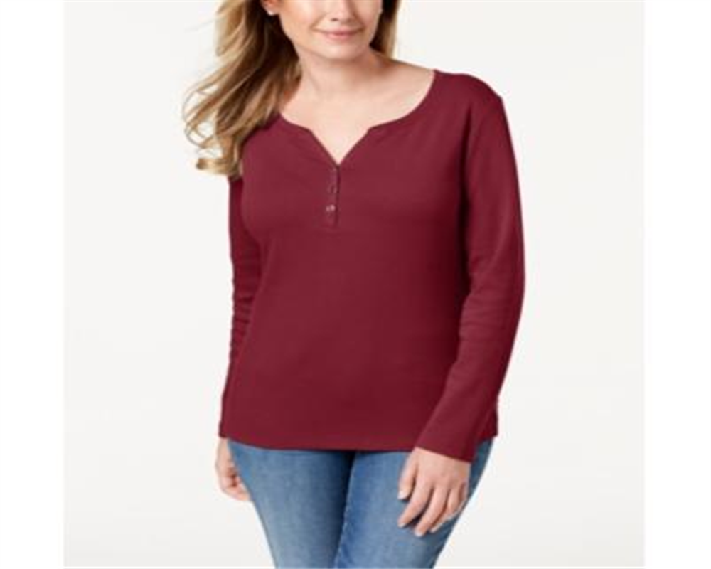 Karen Scott Top Henley de Algodão Feminino Vermelho Tamanho Grande