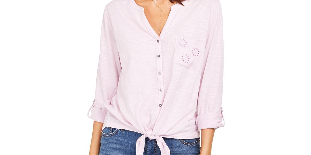 Camisa feminina de algodão bordado com bainha amarrada, estilo &amp; co, rosa, tamanho pequeno pequeno