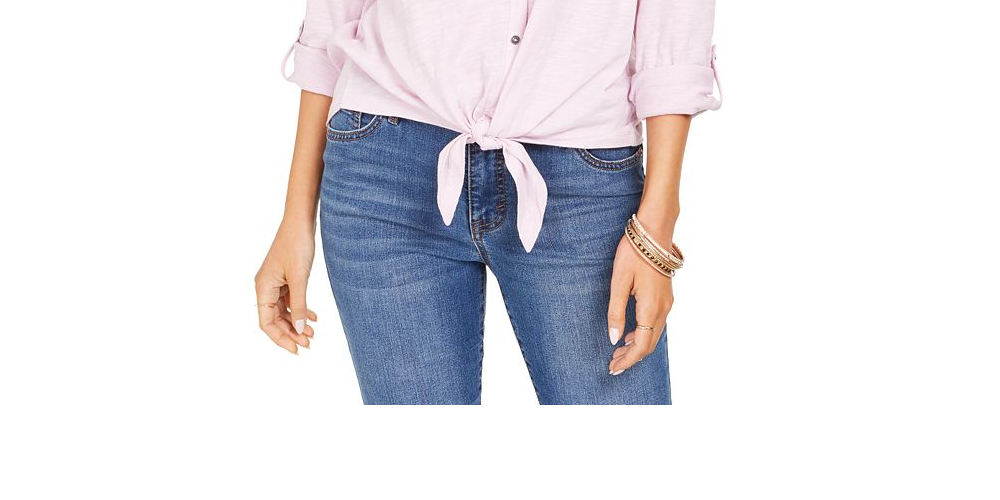 Camisa feminina de algodão bordado com bainha amarrada, estilo &amp; co, rosa, tamanho pequeno pequeno