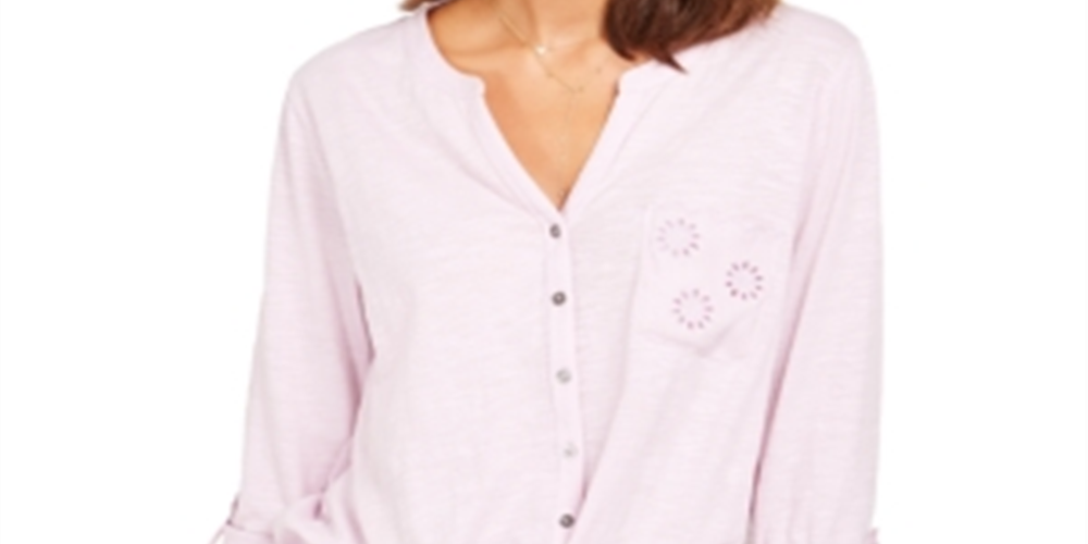 Camisa feminina de algodão bordado com bainha amarrada, estilo &amp; co, rosa, tamanho pequeno pequeno