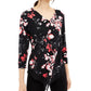 Blusa feminina Alfani com manga 3/4 e decote em V floral, preta, tamanho pequeno médio