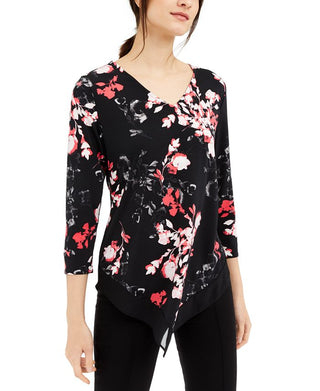 Blusa feminina Alfani com manga 3/4 e decote em V floral, preta, tamanho pequeno médio