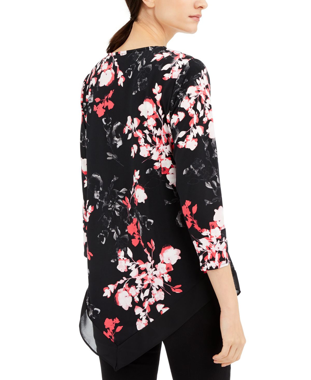 Blusa feminina Alfani com manga 3/4 e decote em V floral, preta, tamanho pequeno médio