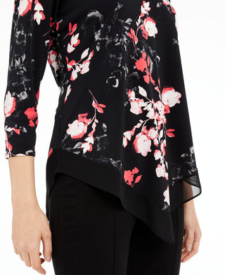 Blusa feminina Alfani com manga 3/4 e decote em V floral, preta, tamanho pequeno médio