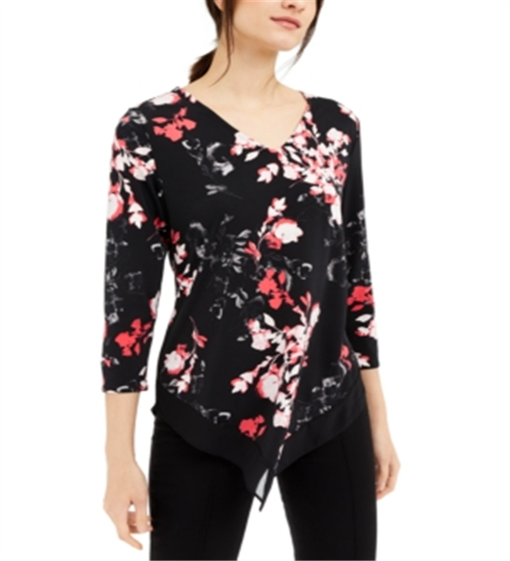 Blusa feminina Alfani com manga 3/4 e decote em V floral, preta, tamanho pequeno médio