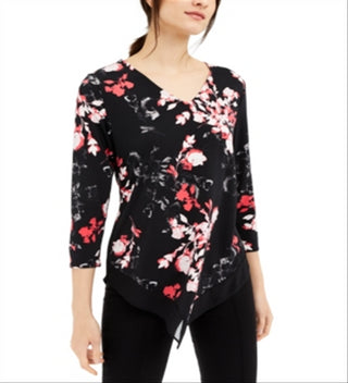 Blusa feminina Alfani com manga 3/4 e decote em V floral, preta, tamanho pequeno médio