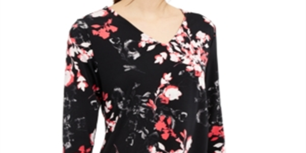 Blusa feminina Alfani com manga 3/4 e decote em V floral, preta, tamanho pequeno médio