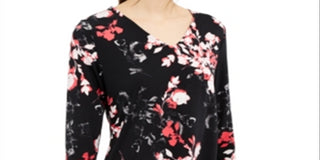 Blusa feminina Alfani com manga 3/4 e decote em V floral, preta, tamanho pequeno médio