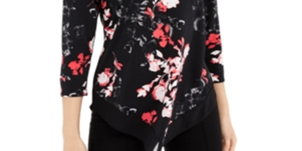 Blusa feminina Alfani com manga 3/4 e decote em V floral, preta, tamanho pequeno médio