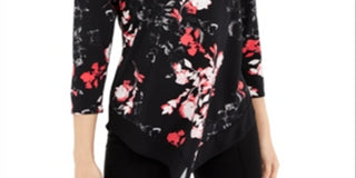 Blusa feminina Alfani com manga 3/4 e decote em V floral, preta, tamanho pequeno médio