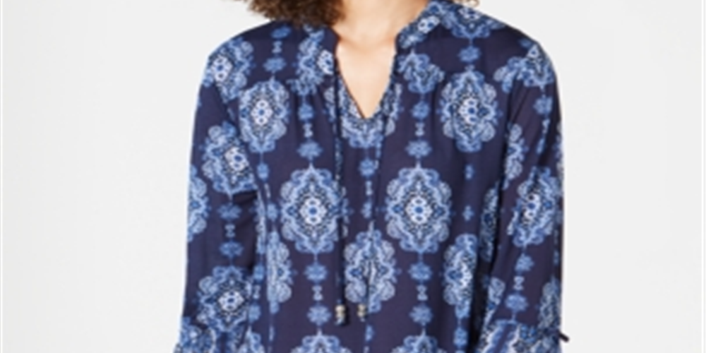 Túnica feminina estampada com manga sino, azul, tamanho pequeno P, da Style &amp; Co