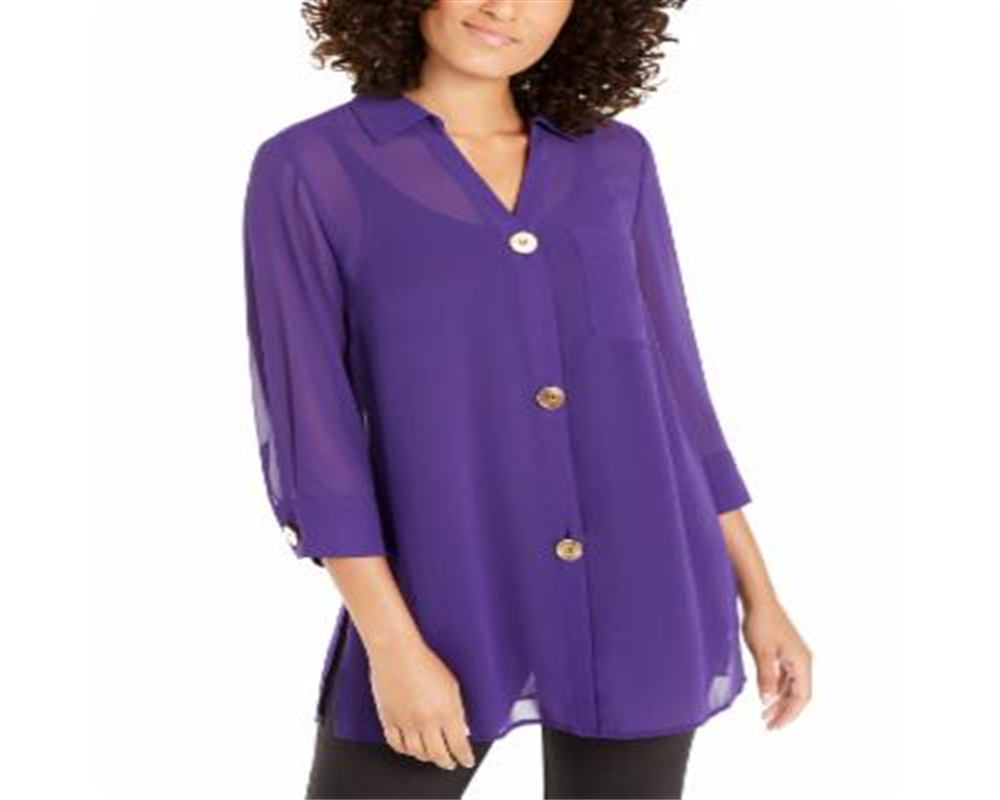 Blusa feminina Alfani semi transparente com manga 3/4, roxa, tamanho pequeno