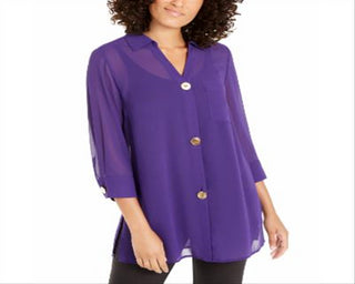 Blusa feminina Alfani semi transparente com manga 3/4, roxa, tamanho pequeno
