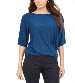 Blusa feminina Alfani com mangas curtas e cotovelo torcido, azul, tamanho pequeno e pequeno