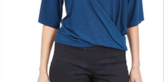 Blusa feminina Alfani com mangas curtas e cotovelo torcido, azul, tamanho pequeno e pequeno