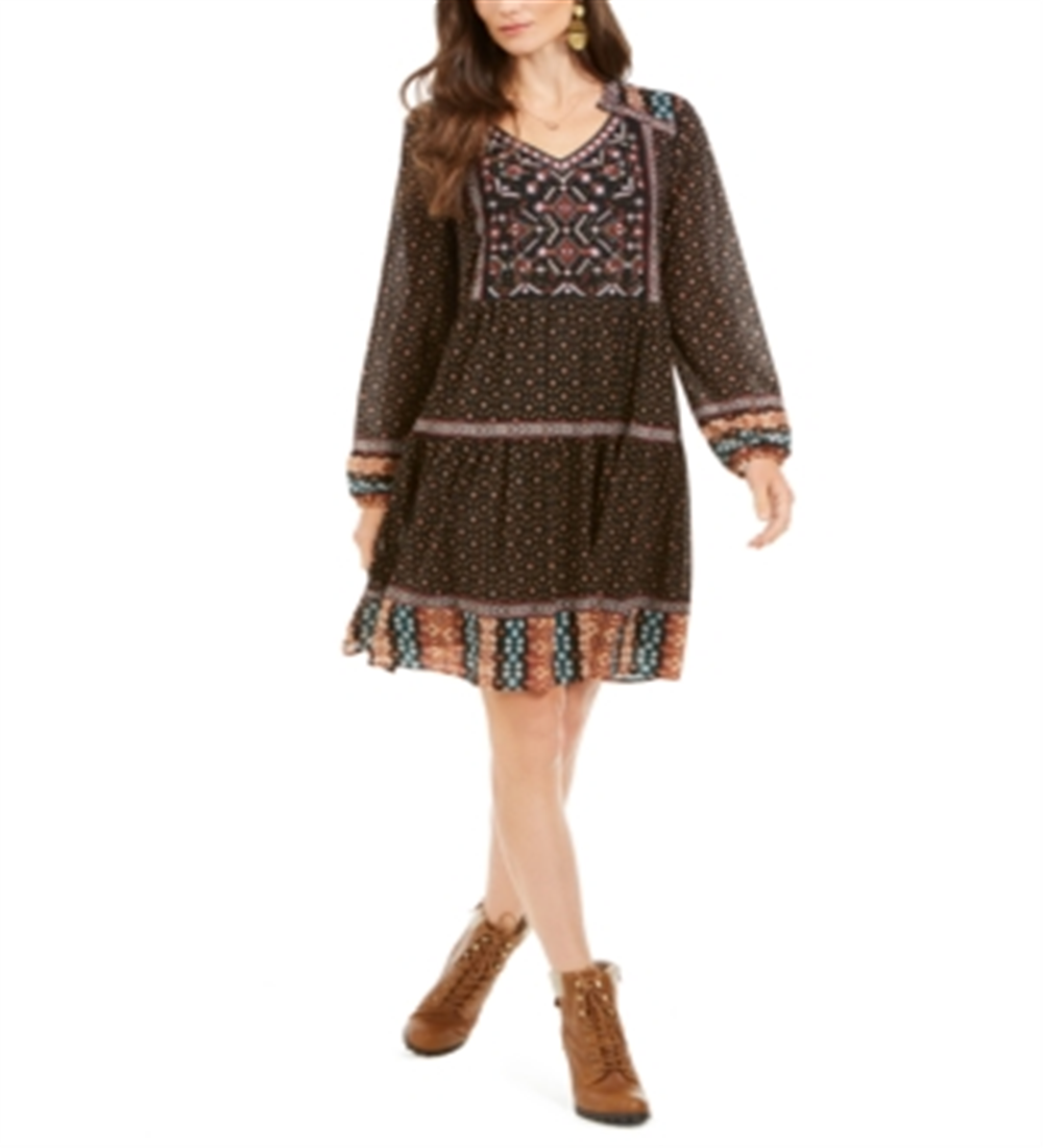 Vestido camponês estampado de manga comprida estilo Petite &amp; Co, preto, tamanho PL
